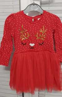 Czerwona sukienka dla dziewczynki na święta renifer cekiny tiul 86