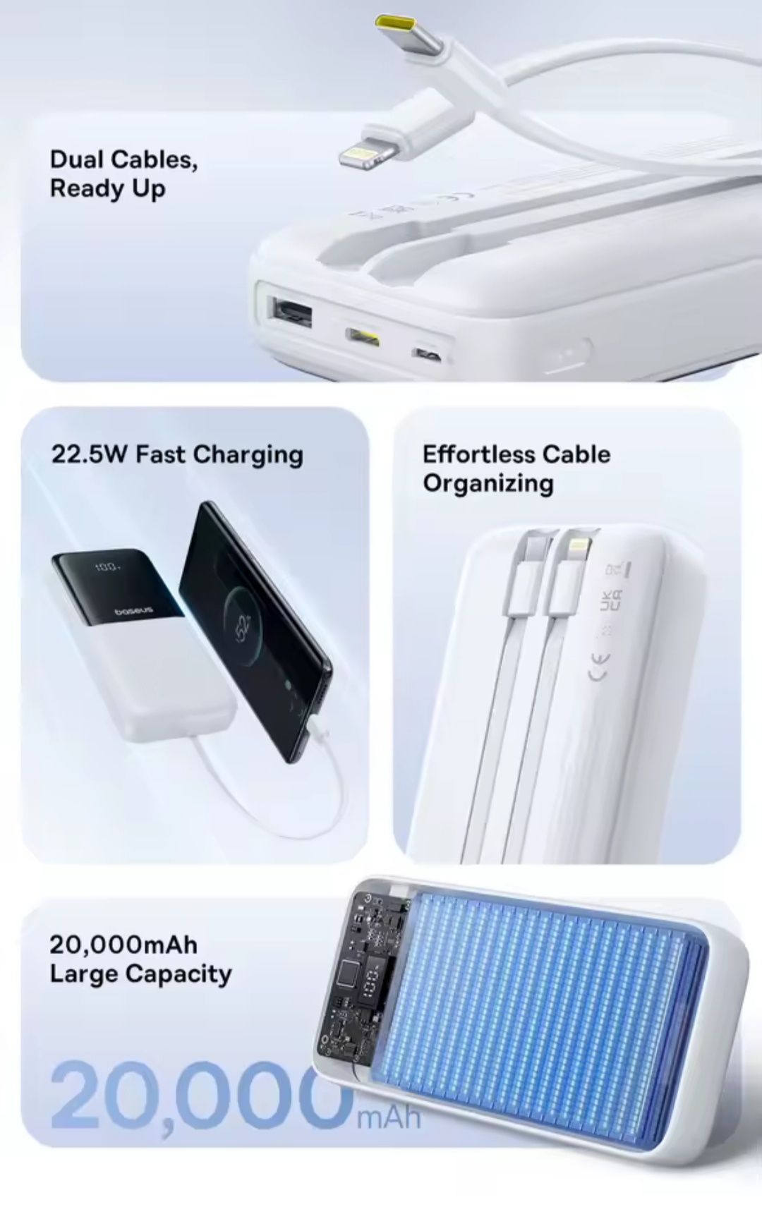 Power Bank Baseus Lipow Dual-Cable de 20000mAh C/Display Digital-Novo