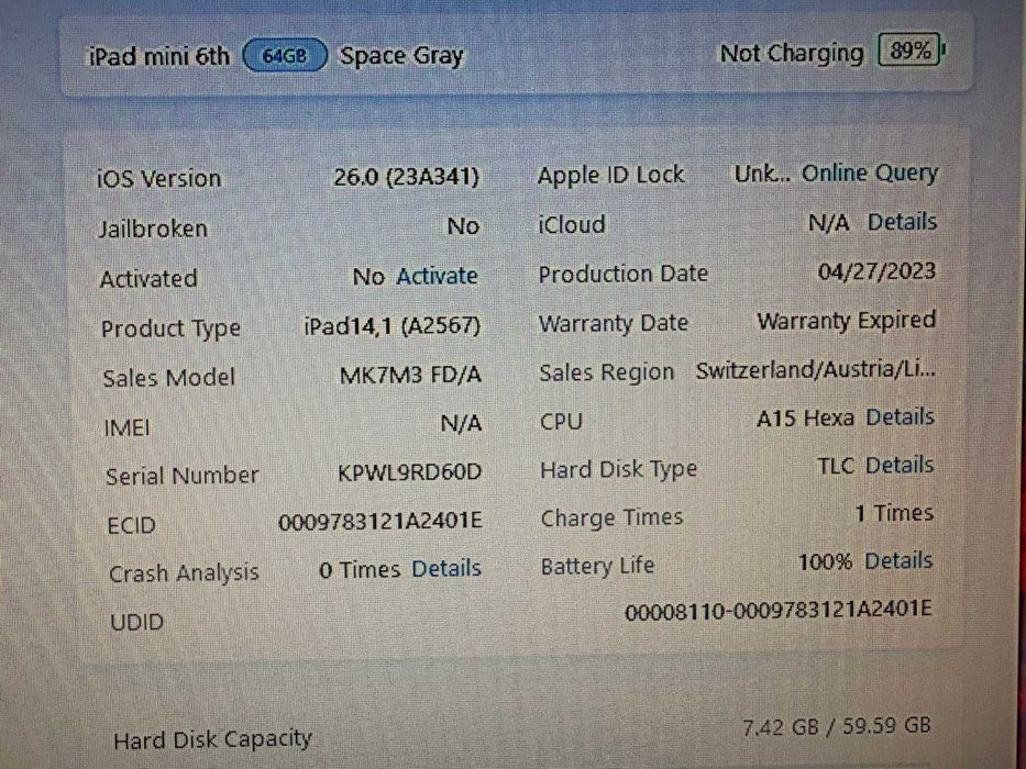 NIEAKTYWOWANY iPad Mini 6 64GB wifi szary uszkodzony BATERIA 100%