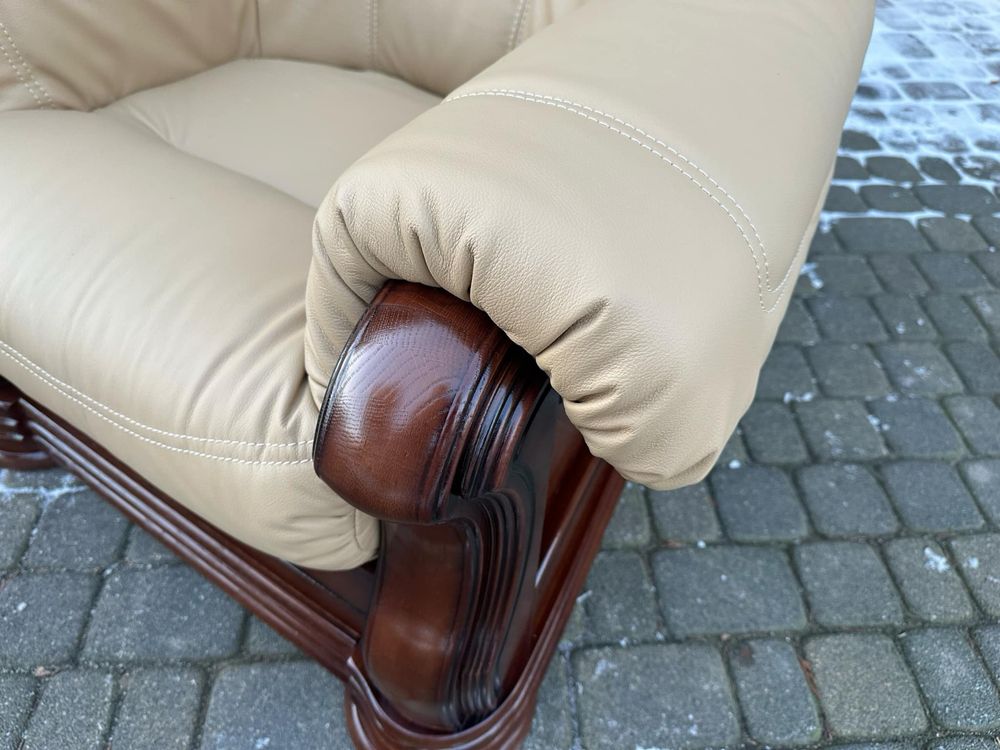 Zestaw wypoczynkowy dąb sofa fotele Nowa Naturalna skóra po renowacji
