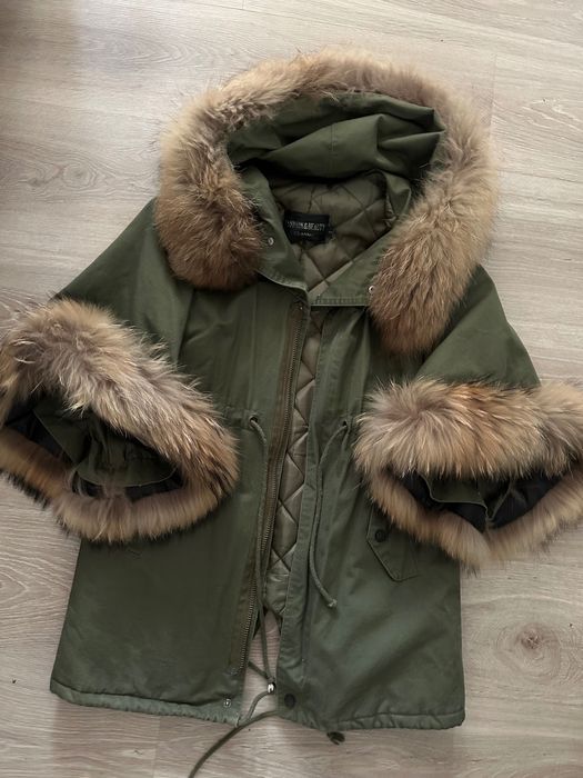 Parka kurtka khaki obszycia futro naturalne norki xs s