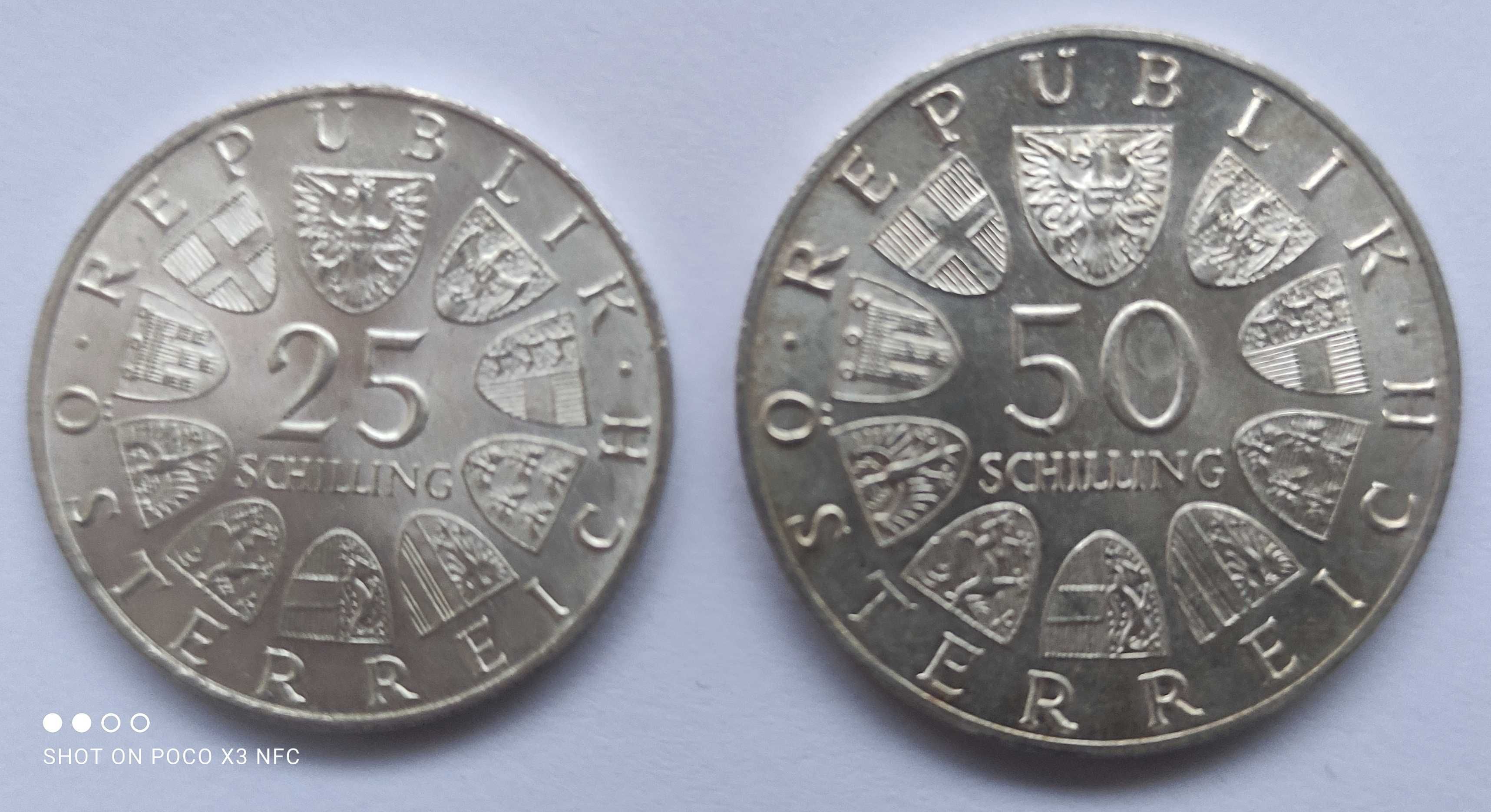 Zestaw srebrnych monet Austria 25, 50 schilling szylingów 1965 srebro