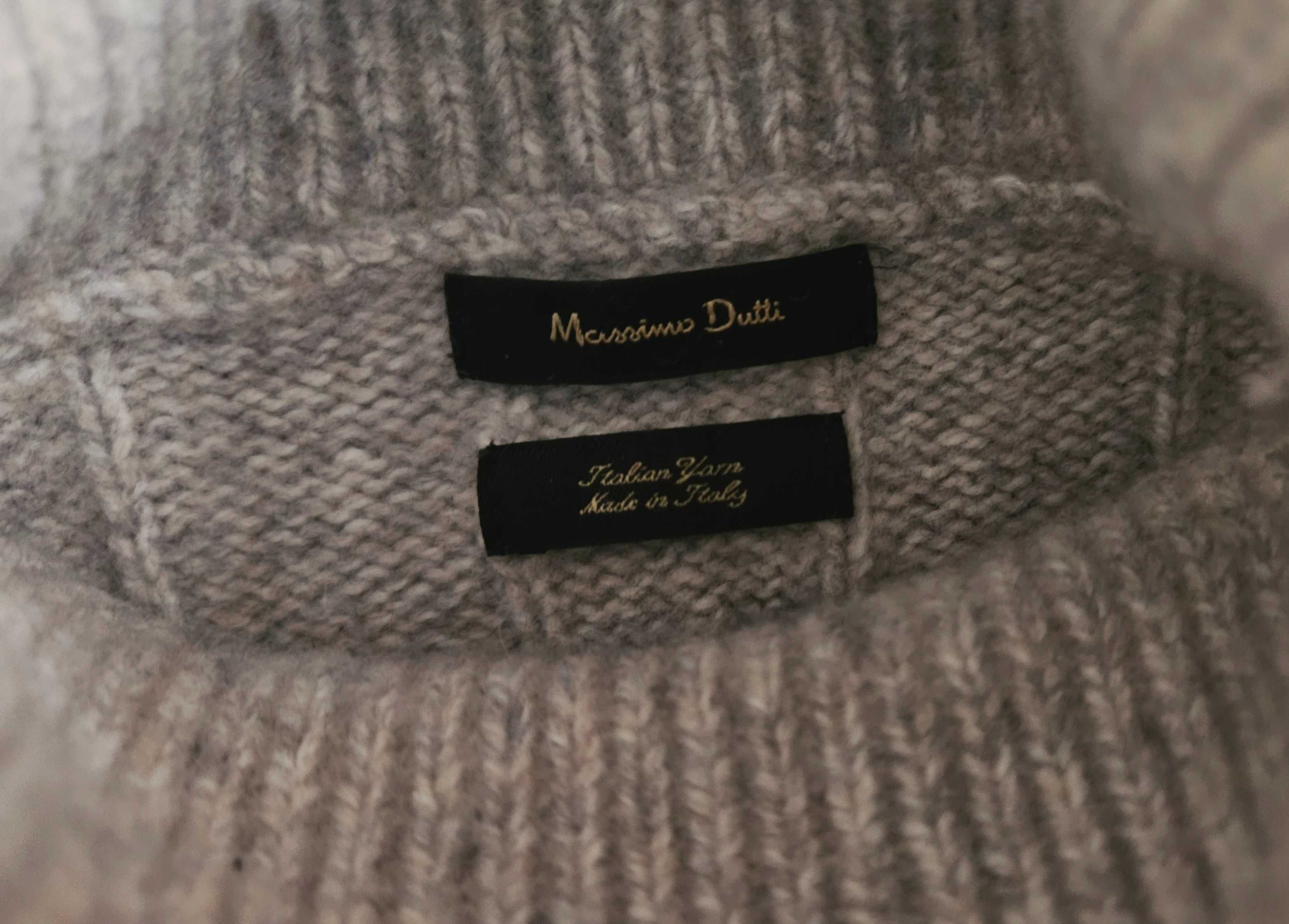 Gruby golf szarobeżowy Massimo Dutti M, wełna+wełna z jaka, małe wady