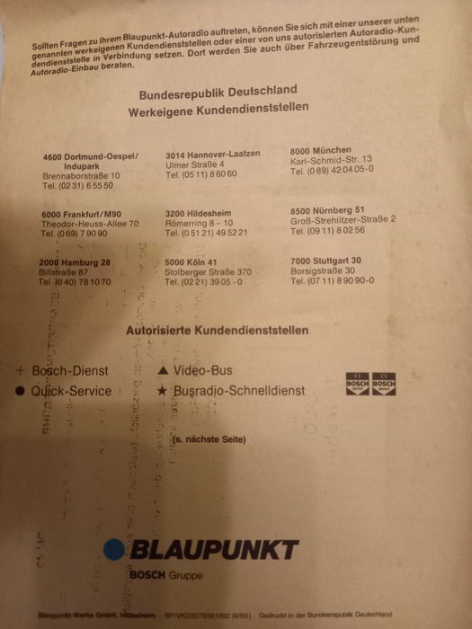 Spis autoryzowanych serwisów Blaupunkt Autoradio CAŁY ŚWIAT 1988r.