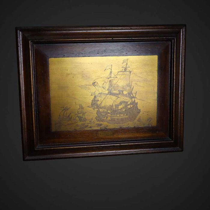 Obraz galeon w miedzi drewniana rama b41/113099a