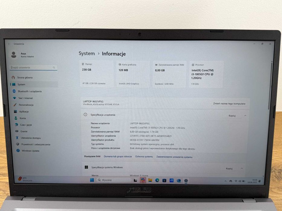 1405 Asus 15cali, CORE i3-1005G1, 8x 3.40GHz, SSD M2 -250GB, JAK NOWY!