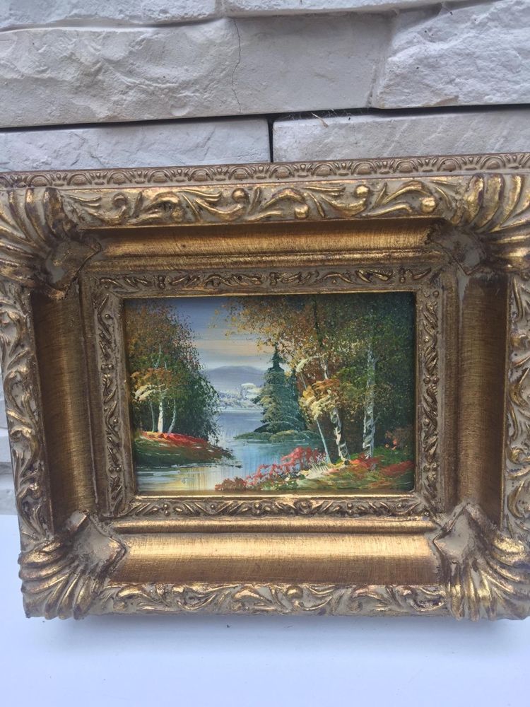 Kolekcja obraz obrazek olej na desce w drewnianej rzeźbionej ramie