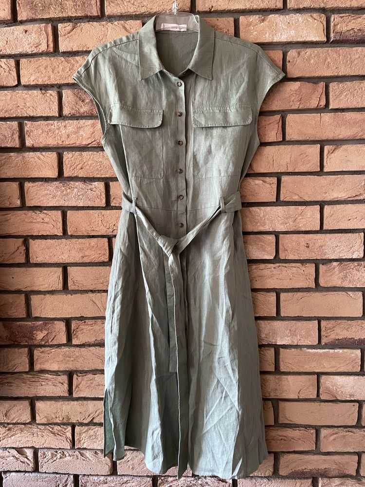 Mango MNG L 40 lniana sukienka zielona khaki szmizjerka wiązana len