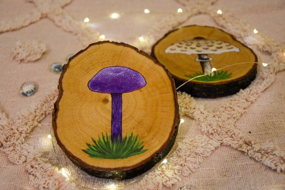 Drewniane, ręcznie malowane podkładki, ozdoba, prezent, grzyb