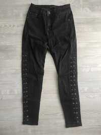 Czarne jeansy skinny spodnie z wiązaniami wysoki stan