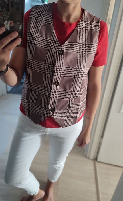 Elegancka damska garniturowa kamizelka w kratę 40/42 jesień biuro