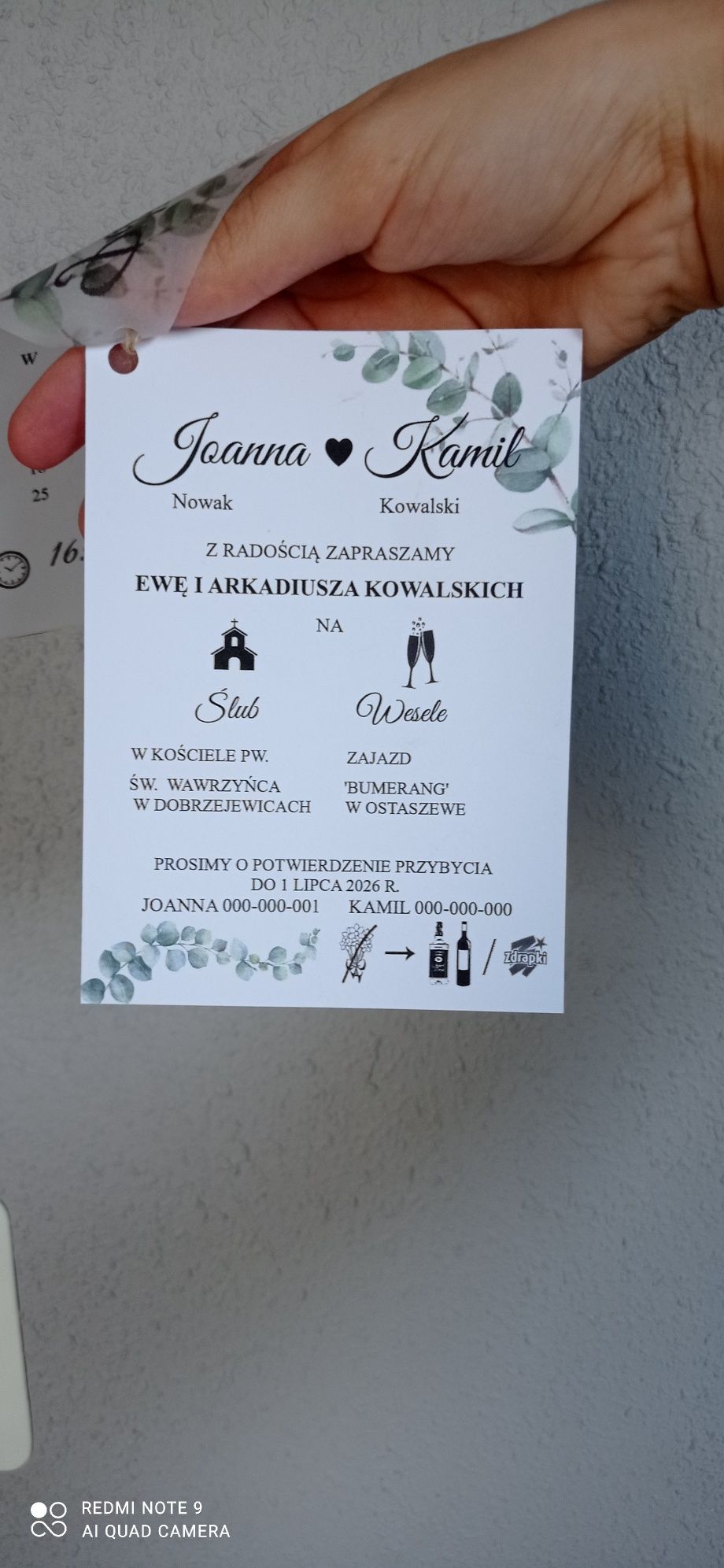 Eleganckie zaproszenia na ślub z kalką , liście eukaliptus,  kwiaty