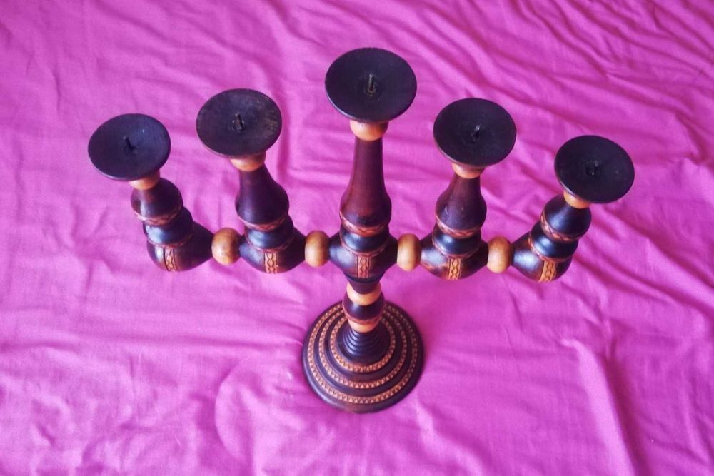 PRL stylowy świecznik 5-ramienny drewniany toczony OKAZJA