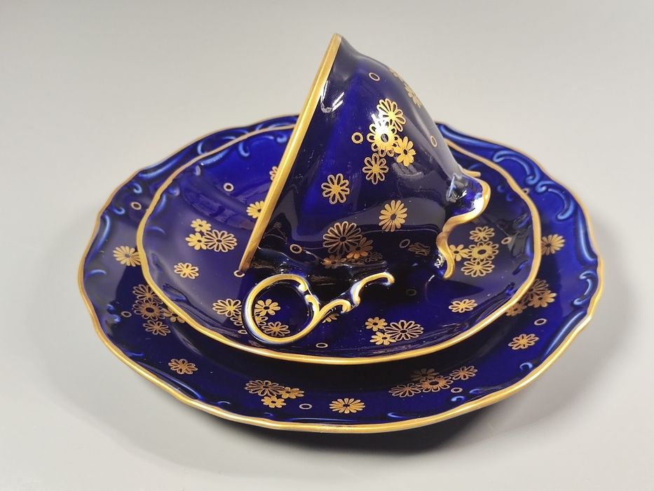 Lichte Fine China trio zestaw śniadaniowy, filiżanka, kobalt NRD / DDR