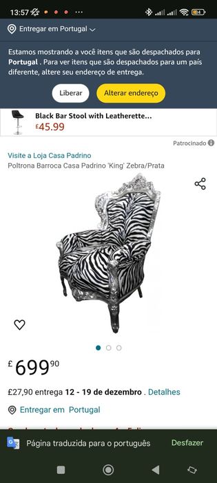 Poltrona/ Baroque Armchair King Zebra / Silver