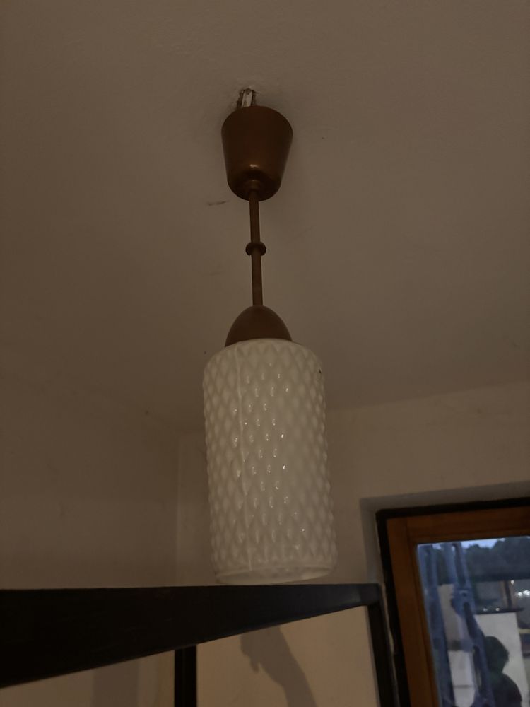 Lampa szklany klosz bialy +miedz