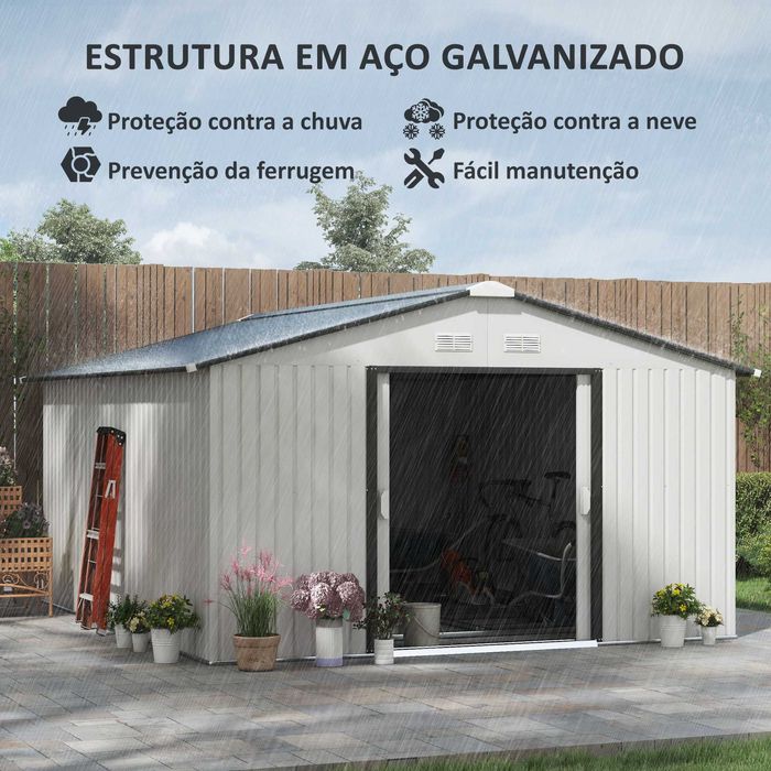 Abrigo de Jardim Metálico 12,4m² Branco 340x386x200cm NOVO