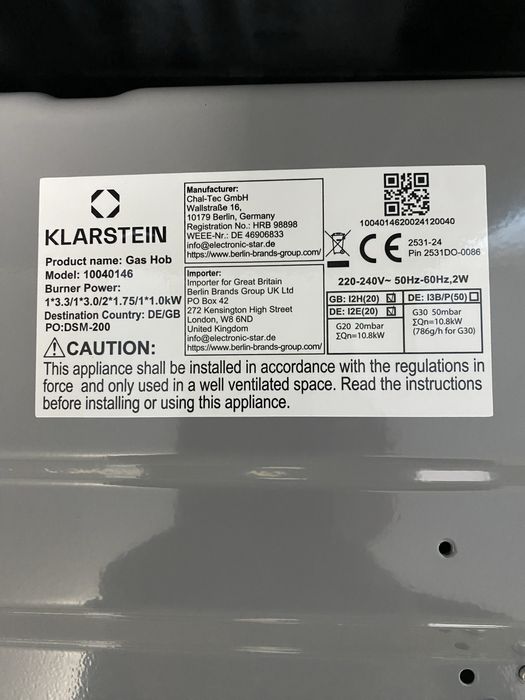 Газова плита поверхня з Німеччини KLARSTEIN Ignito Chef 10040146