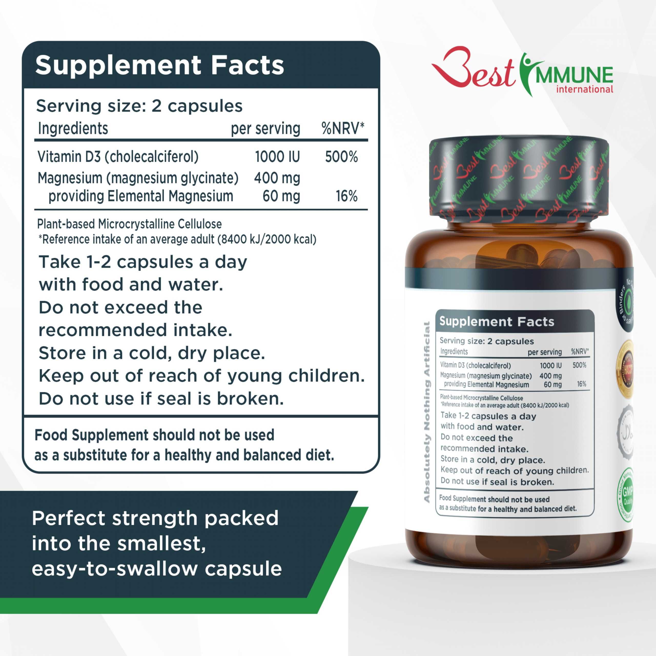 Glicynian Magnezu 400mg Witamina D3 1000IU Naturalny Biodostępny