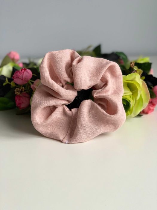 Gumka do włosów, scrunchie, len różowy, HANDMADE