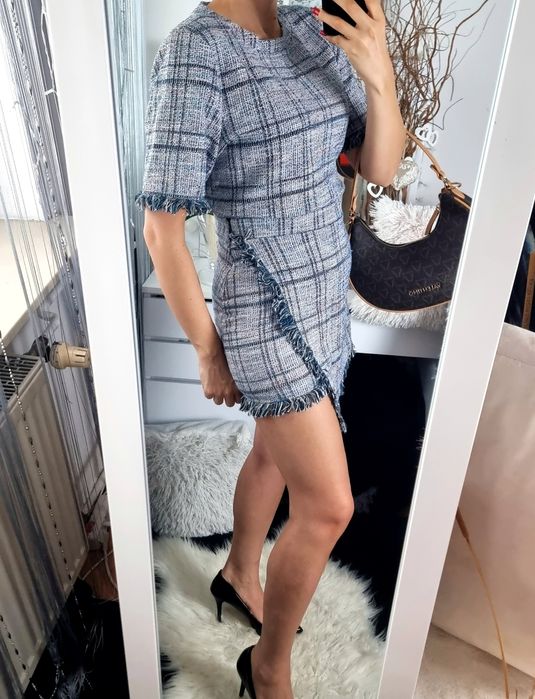 Pull&Bear Zestaw komplet Bluzka + spódnica damska frędzelki krata