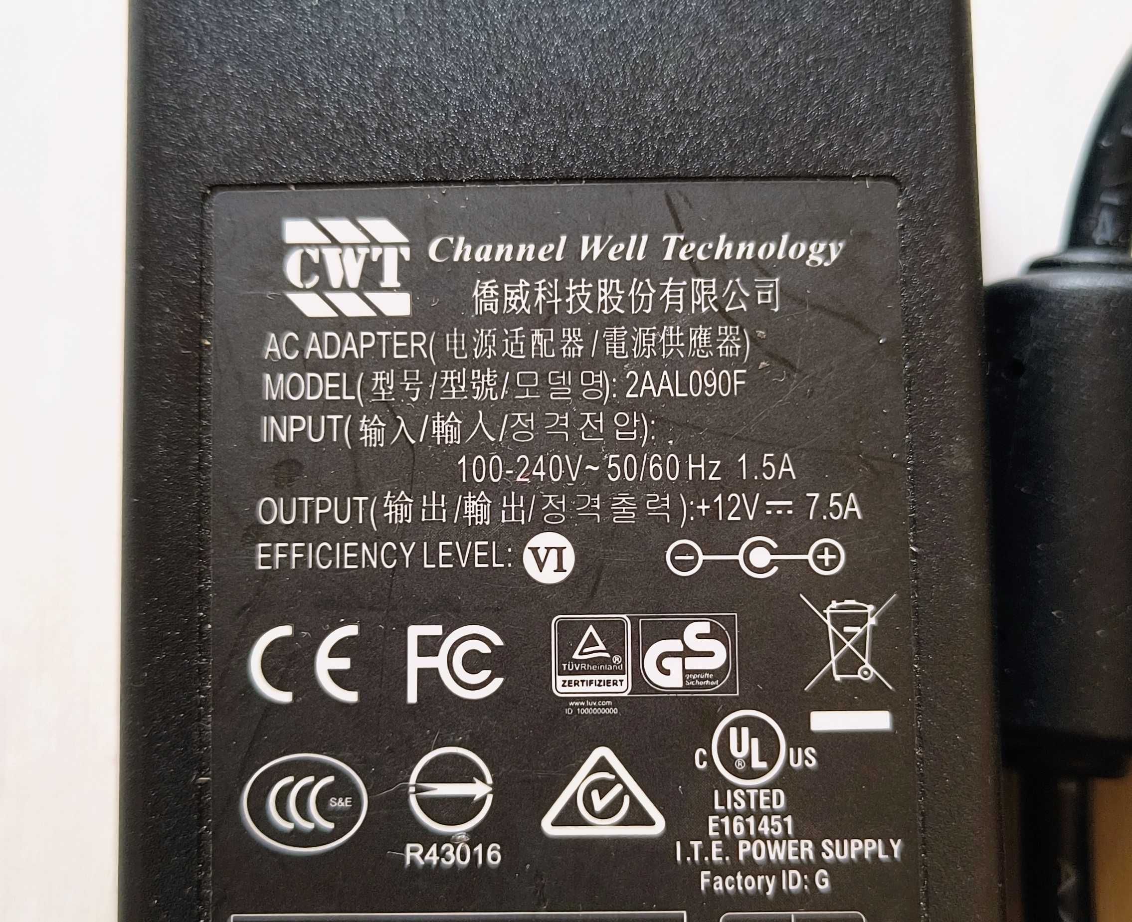 Zasilacz 12V 7,5A 90W 2AAL090F Wtyk 5,5x2,5 Channel Well Technology