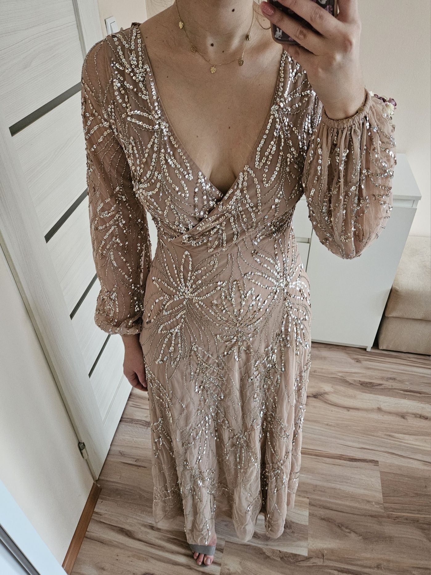 Sukienka maxi beauut asos 36 S beżowa zdobiona cekiny tiul weselel