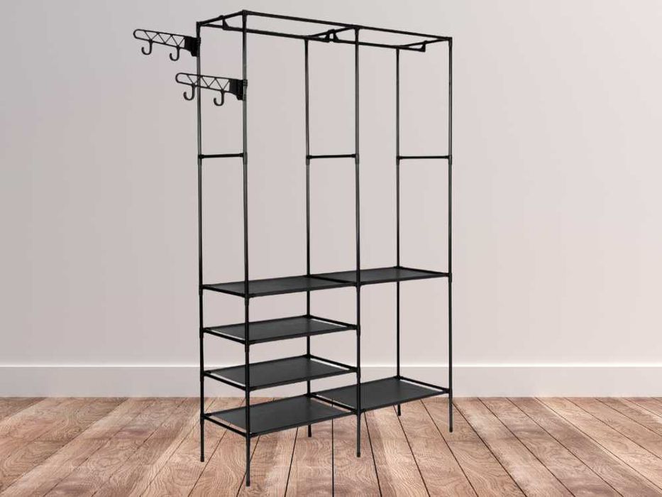Wieszak Stojak Garderoba Stojąca na Ubrania z Półkami Czarny 172cm