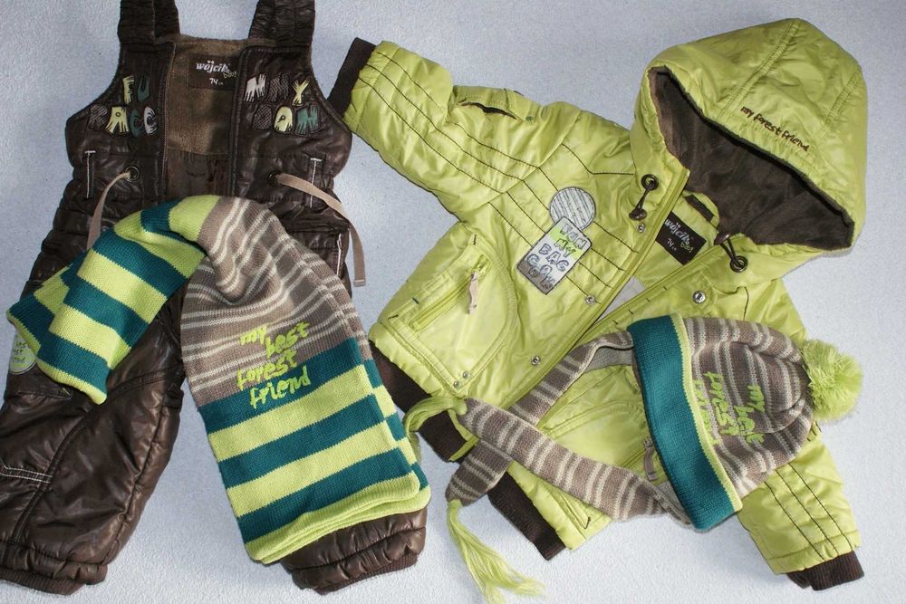 KURTKA spodnie ocieplane chłopięce zimowe KOMBINEZON 74 80 Czapka