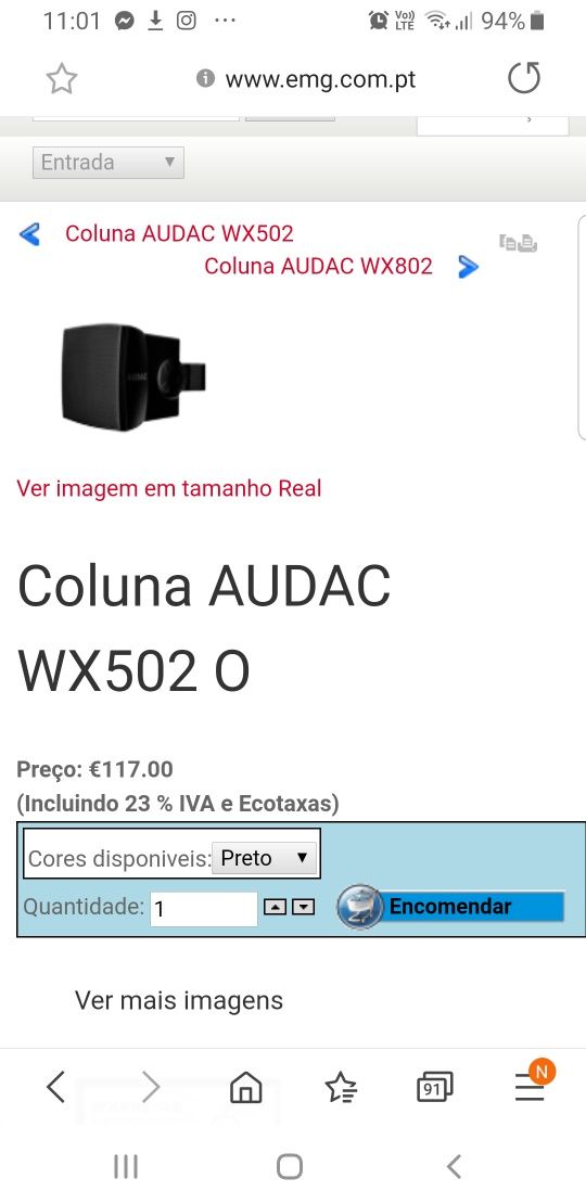 5 Colunas Audac WX502 /OB 40 watts pretas para exterior.