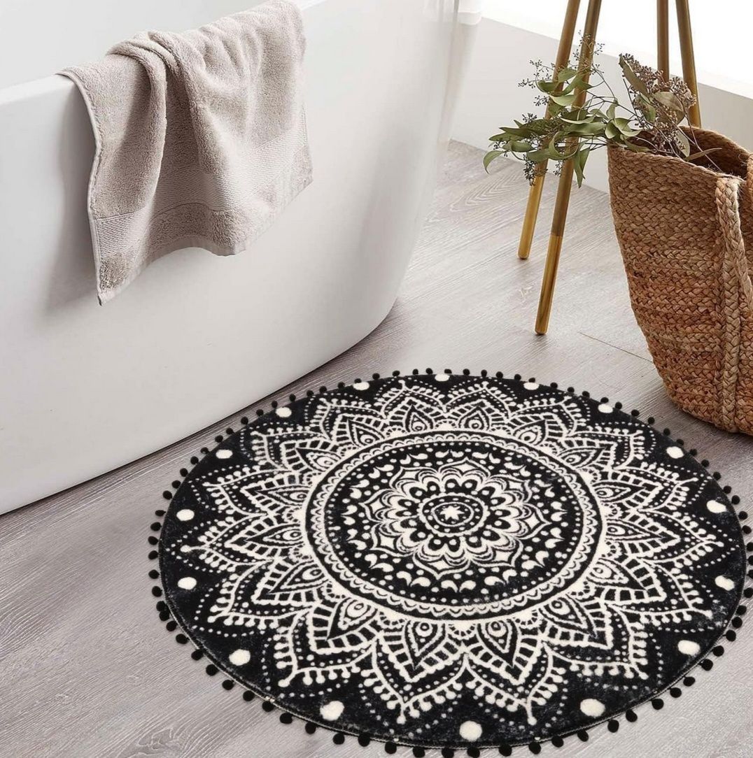 KIMODE Okrągły dywan w stylu boho, 90 cm, antypoślizgowy