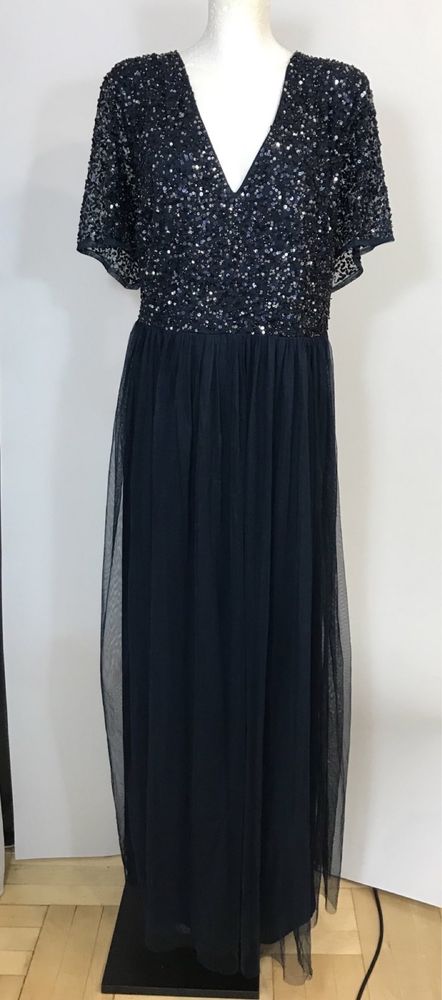 Zjawiskowa granatowa suknia cekinowo-tiulowaz Plus Size 56