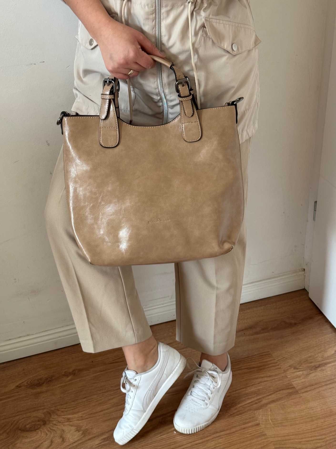 Torebka Ines Delaure beżowa taupe duży hit zarka elegancka błyszcząca