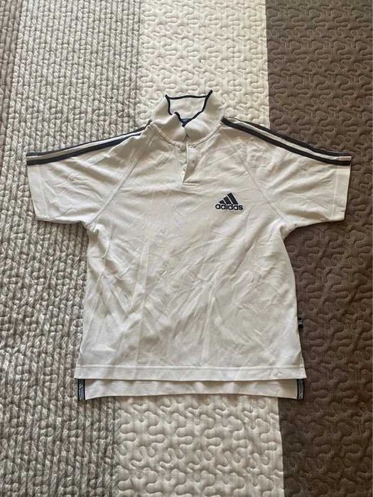 Koszulka polo Adidas biała z czarnymi pasami – 152 cm (ok. 11–12 lat)