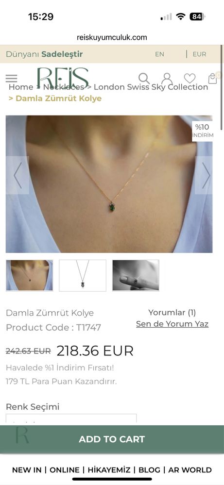 Золоте кольє зі смарагдом, 585 проба
