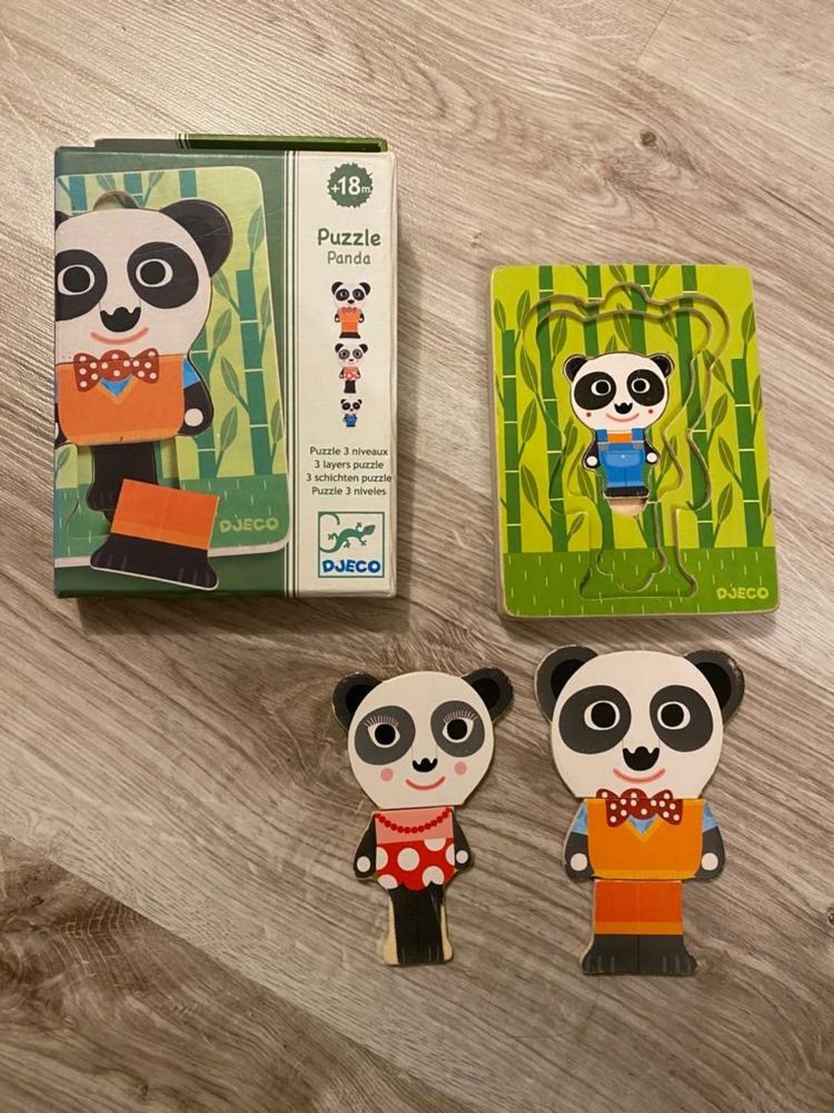 Djeco 2 zestawy puzle pieski,panda warstwowe,drewniane,zwierzaki
