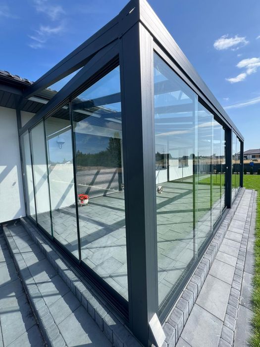 Ogród zimowy, zabudowy szklane , system przesuwny