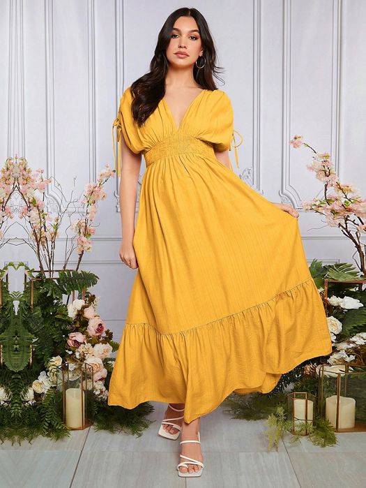 Sukienka Ciążowa Rozkloszowana Z Falbankami Casual Maxi Żółta Shein Xl