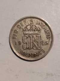 Moeda de Six Pence 1945 Inglaterra em Prata