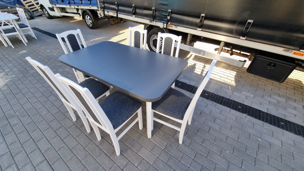 Od ręki : Stół rozkładany + 6 krzeseł, biały/grafit + grafit