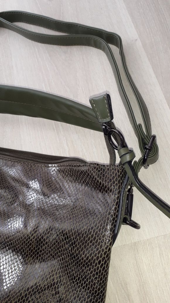Damska duża torebka shopperka khaki butelkowa zieleń brązowa srebrna