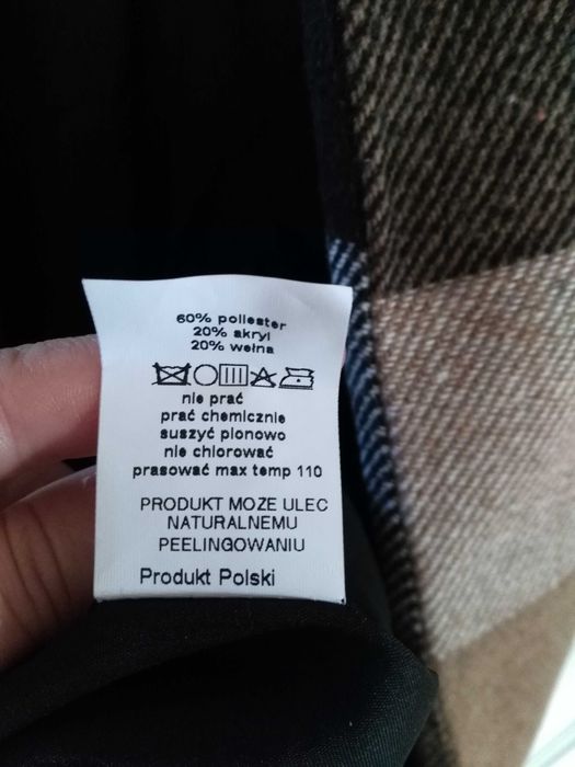 Płaszcz z wełną krata beżowy brąz ecru wiązany pasek wełna