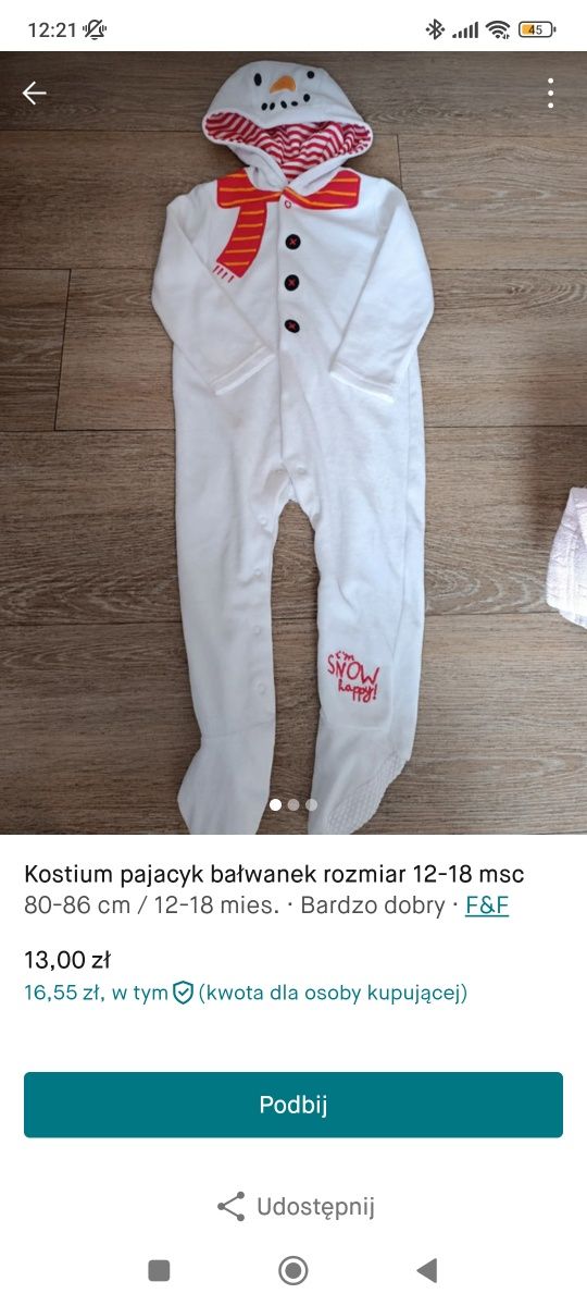 Kostium pajacyk bałwanek 12-18 msc