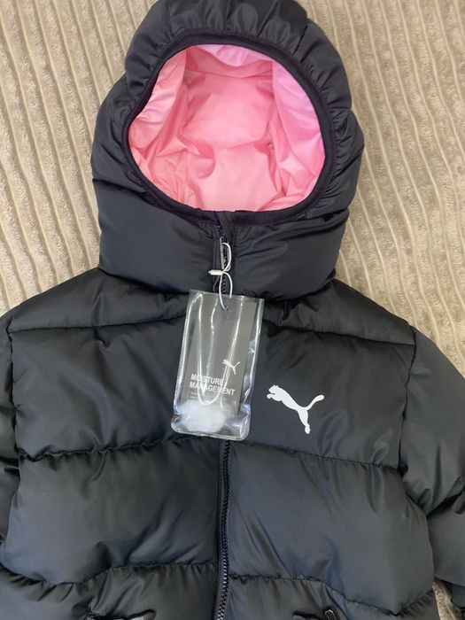 Удлиненный Пуховик Puma на девочку  Чорно- розовый. 134-140