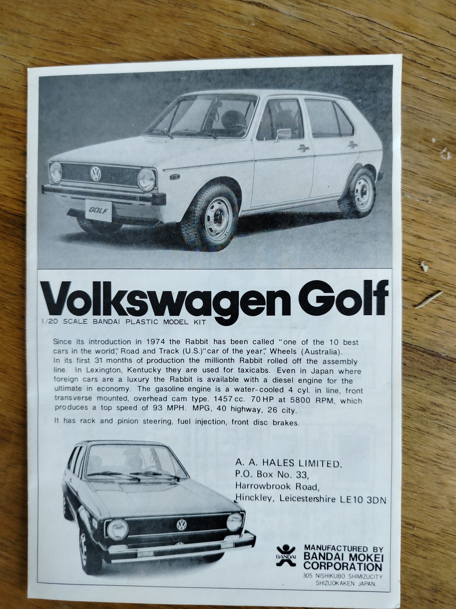 Model Volkswagen Golf MkI Bandai 1:20 vintage, komletny zestaw,unikat