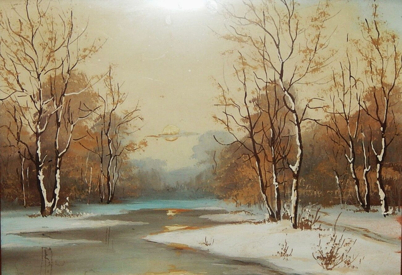 Картина старинная акварель 30х20 Зимний пейзаж