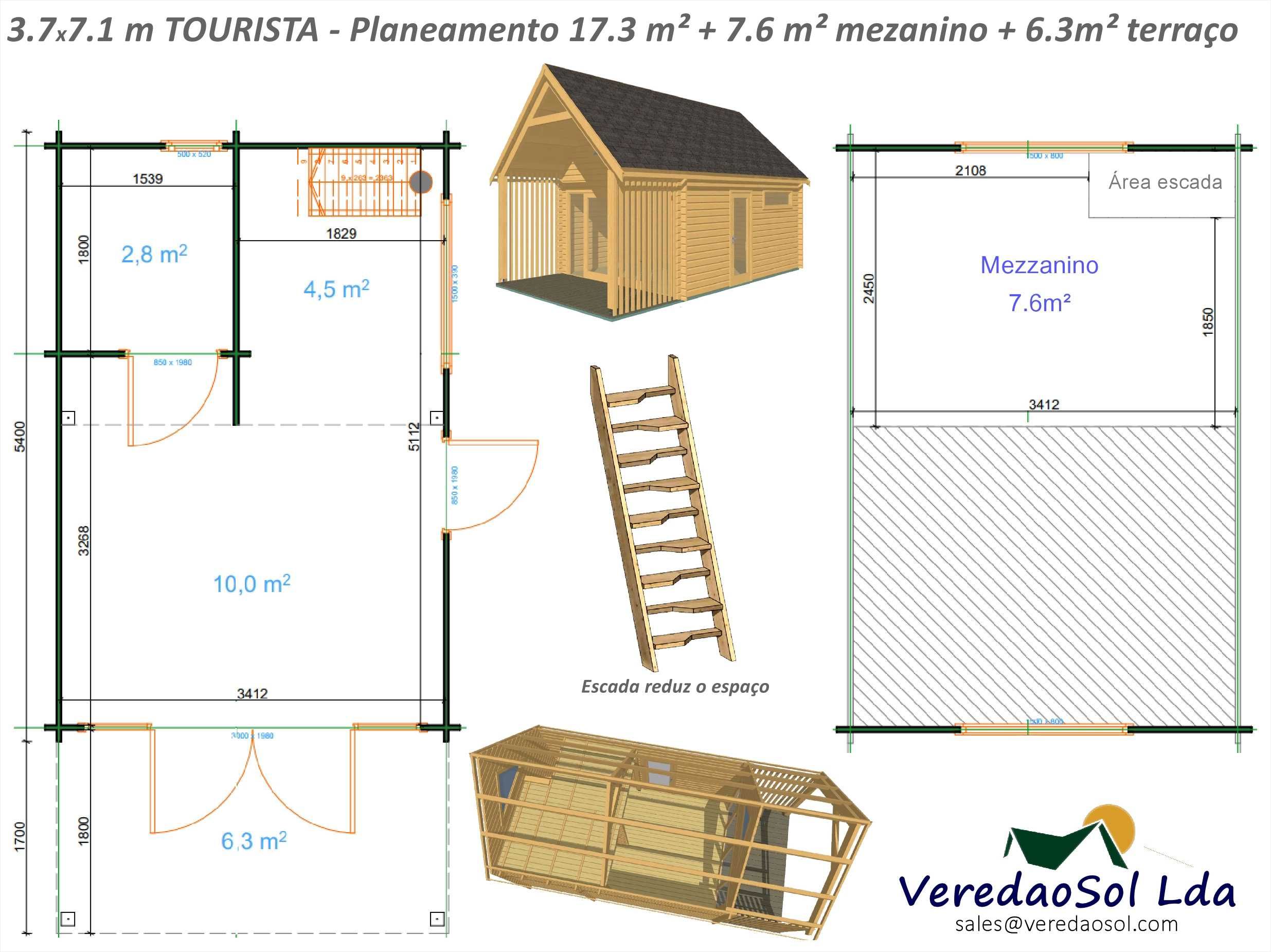 KIT Casa madeira TOURISTA 44mm 29m² - c.d. Banho - Mezanino - Terraço