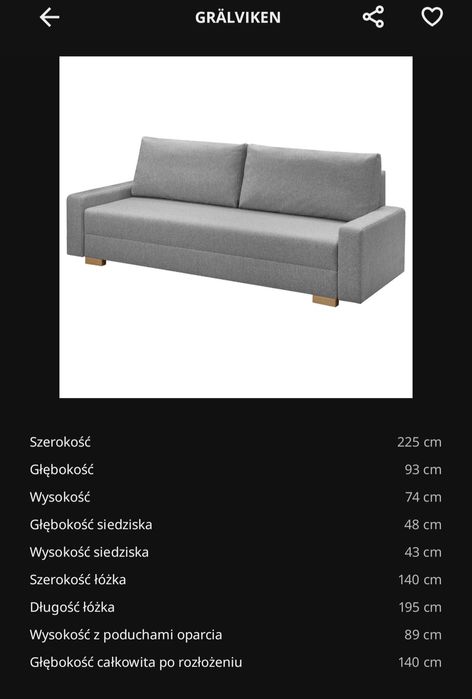 Sofa, kanapa  3 osobowa, rozkładana, szara z ikea + gratis
