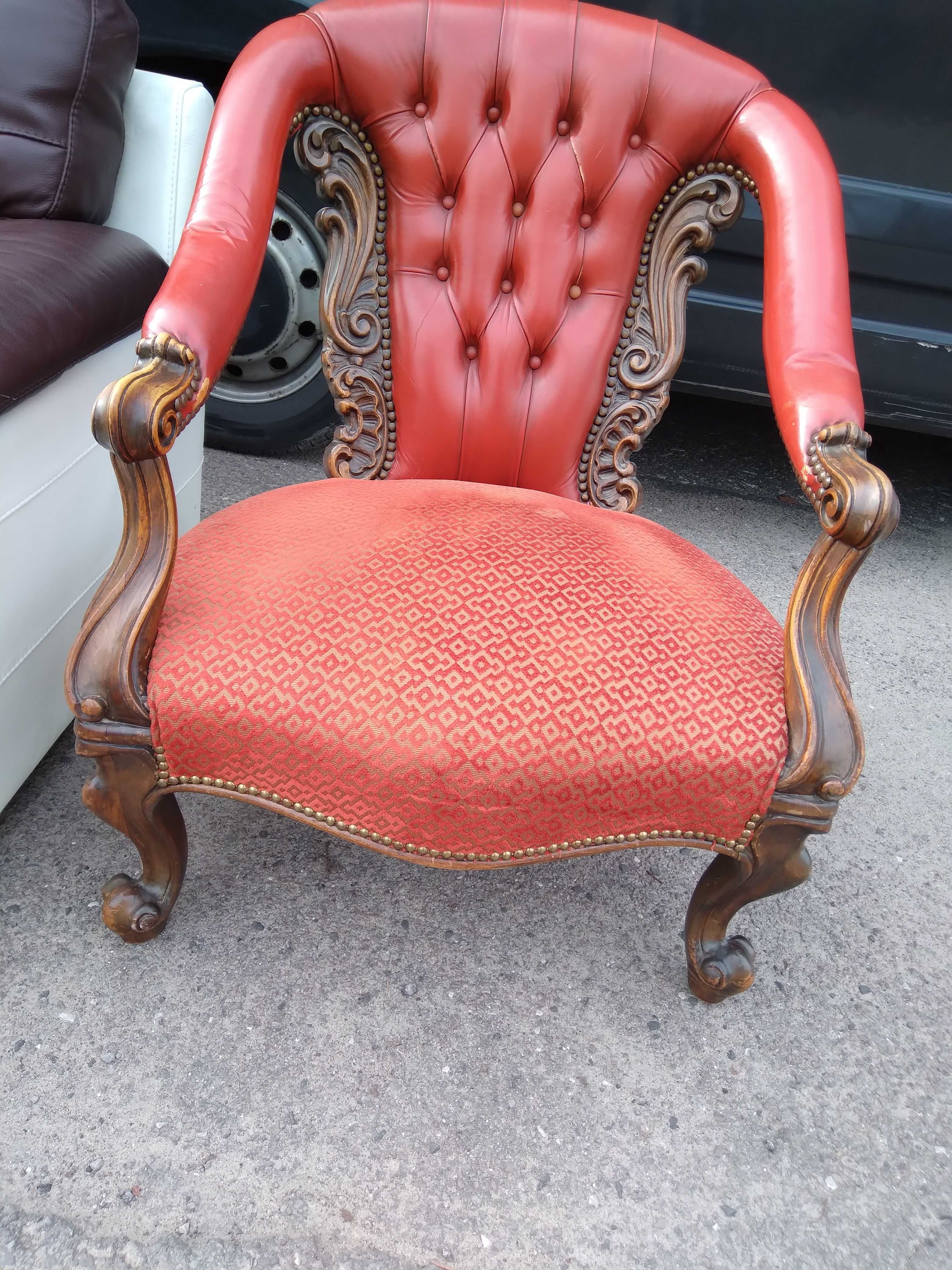 Piękny fotel tron krzesło drewniany skórzany rzeźbiony FV DOWÓZ