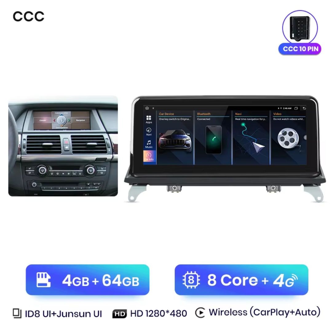 Rádio 10,25" android 4/64GB BMW x5 x6 e70 e71 CARPLAY 8Core GPS 4G